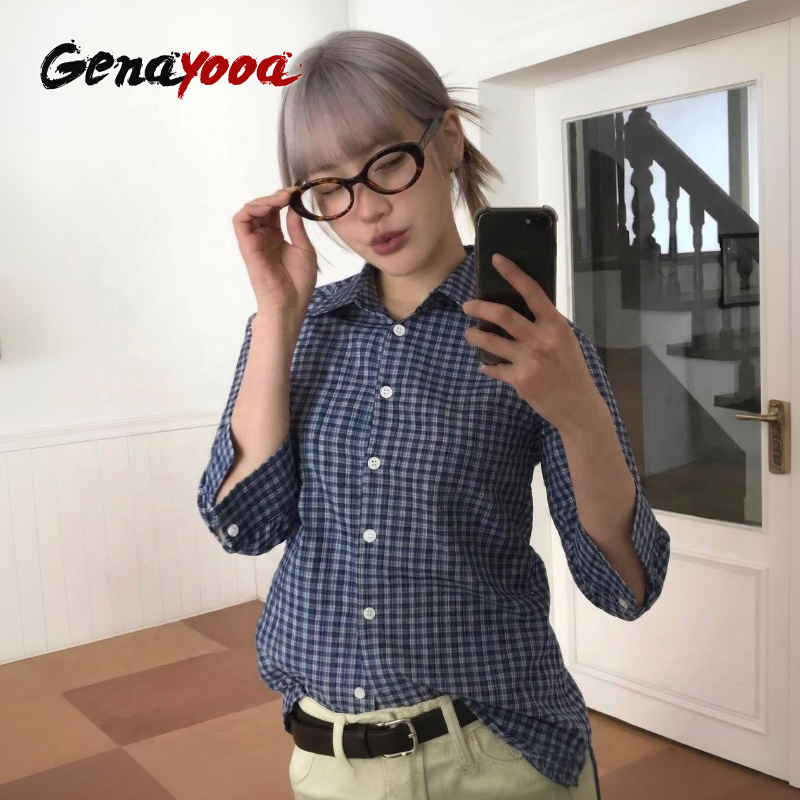 Street Fashion In Japan - Genayooa Y2k Camicia a quadri Donna